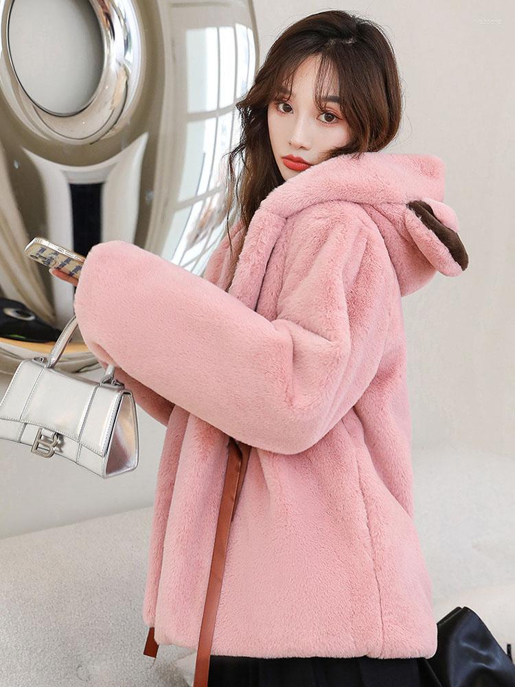 

Women' Fur Faux Coat 2022 Winter Cute Plush Jacket Female Bear Ears Thick Hooded Soft Girl French Street Fashion Womens Edgy, White