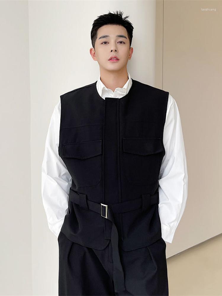 

Men's Vests Men's Wear Korean Trendy Girdle Vest Male 2023 Autumn Round Collar Sinel Breasted Sleeveless Clothing With Belt 2A0288, Black