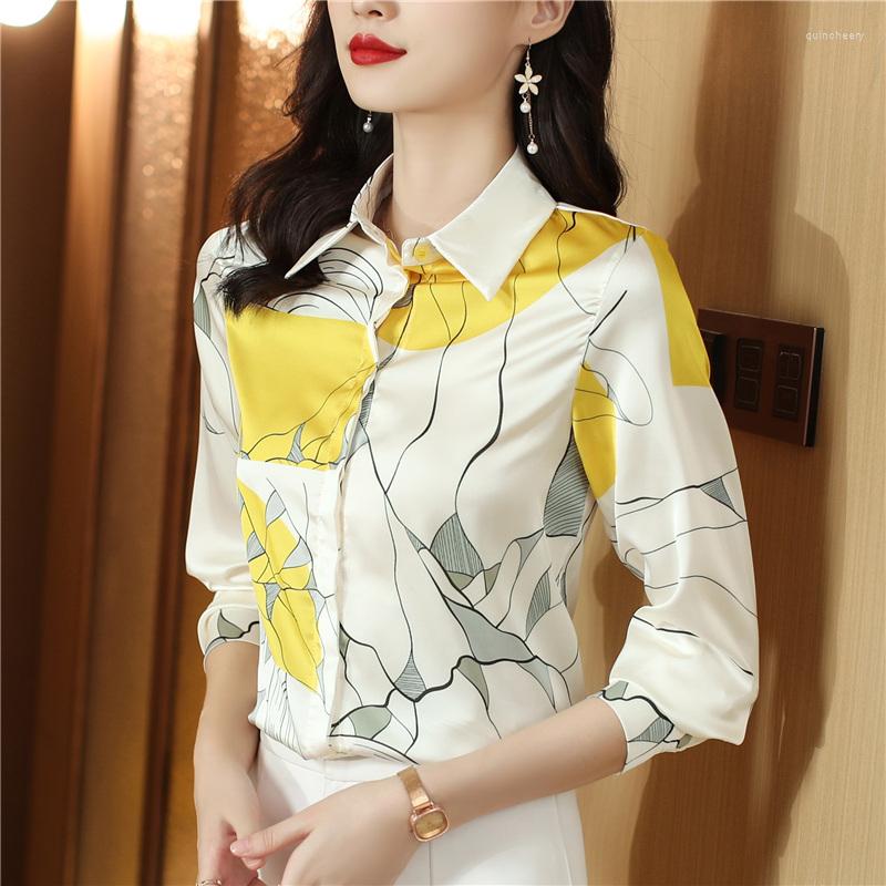 

Women's Blouses High-end Especially Beautiful All Season Mulberry Silk Contrast Color Print Women Temperament Slim OL Workwear Top Shirt, Hpjr6562