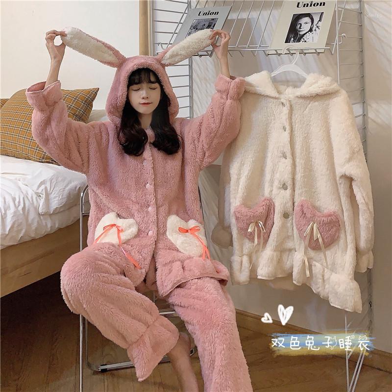 

Women's Sleepwear 2 Piece Pajama Sets Soft Girl Plush Velvet Thicker Fleece Women Japanese Kawaii Ears Hooded Sleepshirts, Pink