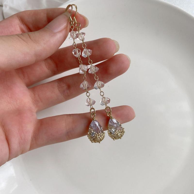 

Backs Earrings Korean Style Water Drop Crystal Chain Temperament French Long Round Tassel Zircon Clip Non Pierced