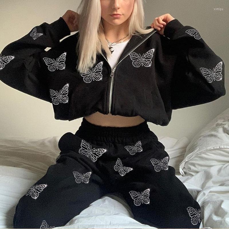 

Women' Two Piece Pants Women' Butterfly Zipper Hooded Hoodies Trousers Pieces Sets Long Sleeve Warm Sweatwear Elastic Waist Suits, Black