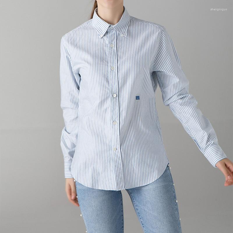 

Women's Blouses Women And Men Blue Stripes Blouse Early Autumn Embroideried Decor Single-Breasted Unisex Turn-Down Collar OL Shirts Top, Picture shown