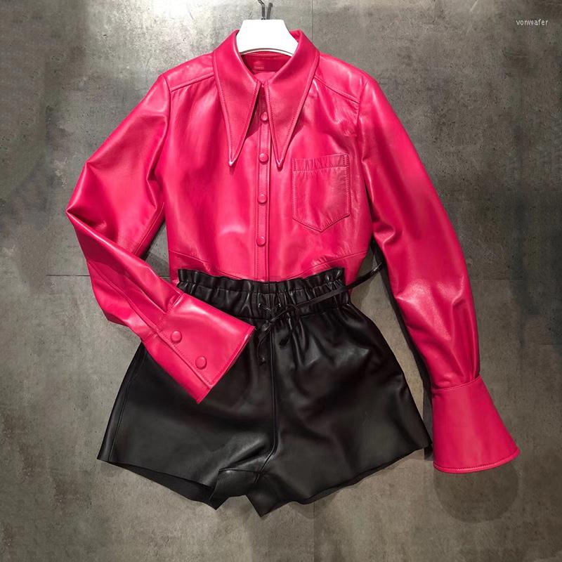 

Women's Leather 2022 Women's Spring Coat Genuine Sheepskin Shirt Pink Real Long Sleeve Jacket Female Outwear, Rose