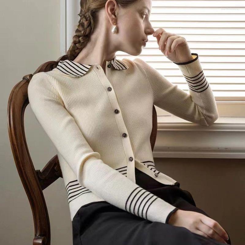 

Women' Knits England Style Women Crop 2022 Fashion Sweater Vintage Knitted Cardigan Autumn Long Sleeve Striped Top Female Clothes, Sky blue