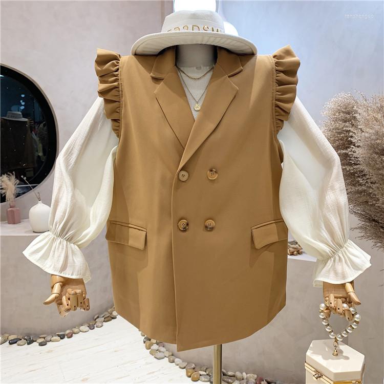 

Women's Vests Temperament Suit Collar Sleeveless Jacket Women Autumn Winter 2022 Loose Falbala Double Breasted Medium Long Waistcoat, Khaki