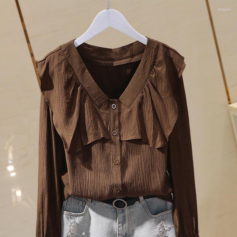

Women' Blouses Chiffon Solid Women Shirts Summer Vintage 2022 Sweet Style V-Neck Ruffles Long-Sleeved Elegant Office Lady Outwear Tops, Dark brown