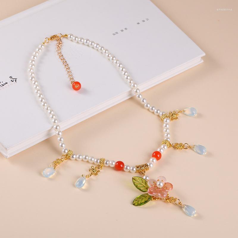 

Chains Girl Hanfu Pearl Flower Pendant Acrylic Beads Accessory Necklace Women Gift