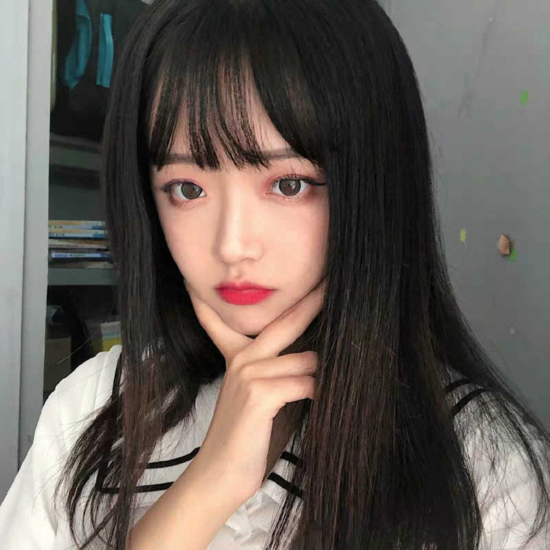 

Hair Lace Wigs Wig Women's Long Air Bangs Clavicular Shoulder gth Straight Hair Temperament Face Repair Chemical Fiber Headgear, Black