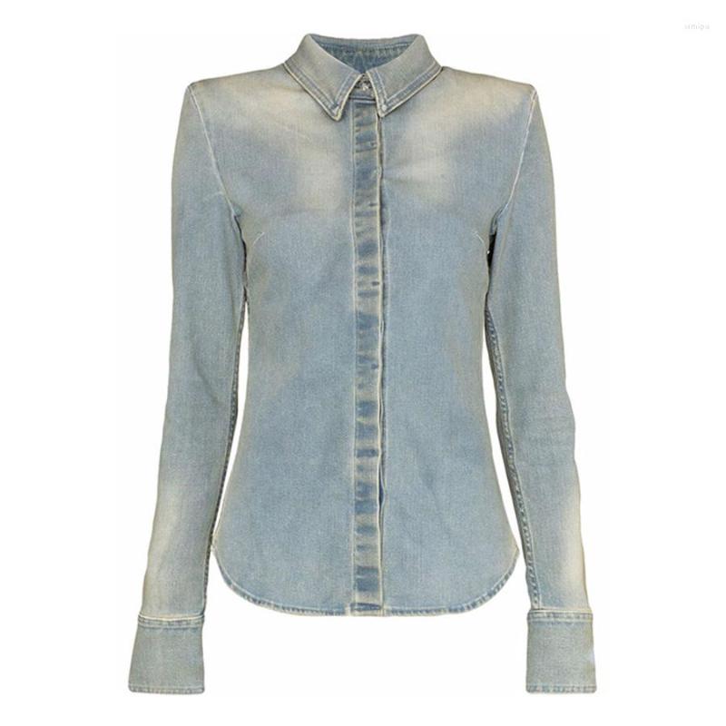 

Women' Blouses Hongkong Style Retro Casual Women Denim Shirt Coat Long Sleeve Lady Top Summer, Blue