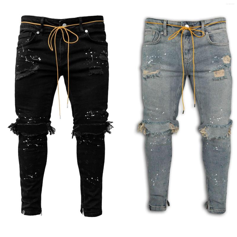 

Men' Pants Men Jeans Stretch Destroyed Ripped Paint Point Design Fashion Ankle Zipper Skinny For, Black