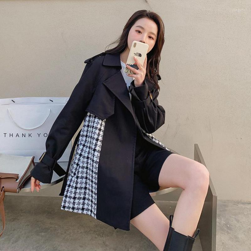

Women' Trench Coats Women Coat Irregular Grid Splicing Black Asymmetry Color Matching Leisure Windbreaker 2022 Fashion