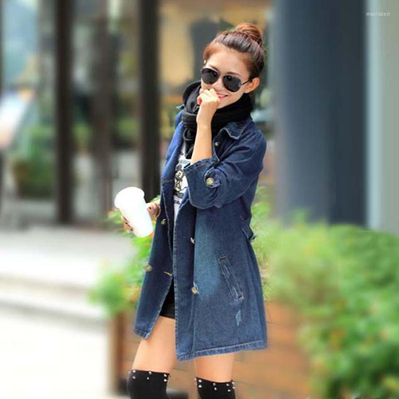 

Women' Trench Coats Korean Spring Denim Jeans Coat Women Double Breasted Style Long Female Clothing Loose Plus Size -3XL, Blue