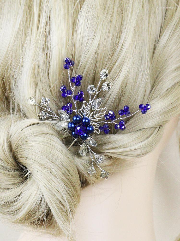 

Headpieces Blue Rhinestones Bridal Hair Pins Flowers Women Prom Party Jewelry Wedding Accessories For Guest Clips
