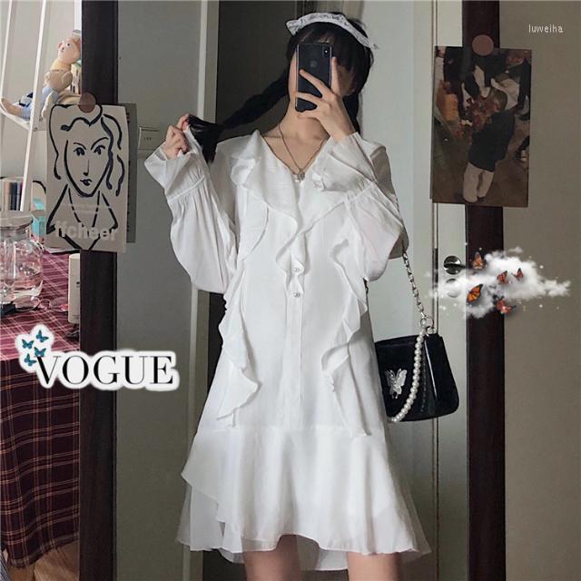 

Casual Dresses Women Autumn Ruffled Collar Dress High Waist Long Sleeves Short Skirt Vestido De Mujer Femme Robe, White