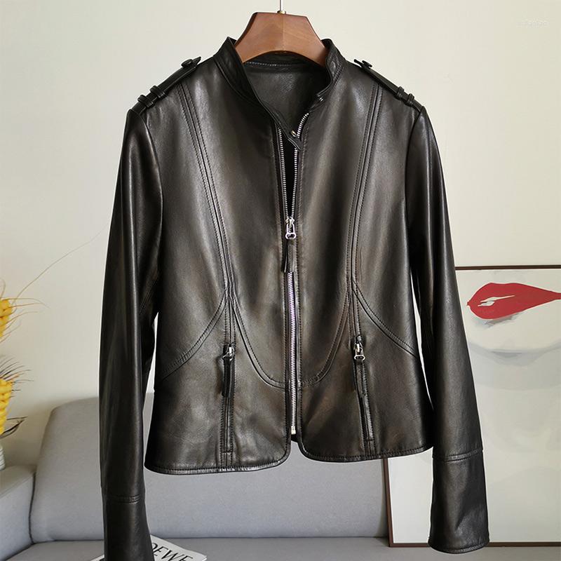 

Women's Leather Women Jackets Motorcycle Sheepskin Coat Biker Jacket Solid Full Sleeve 2022 Autumn Fashion CL4004, Black