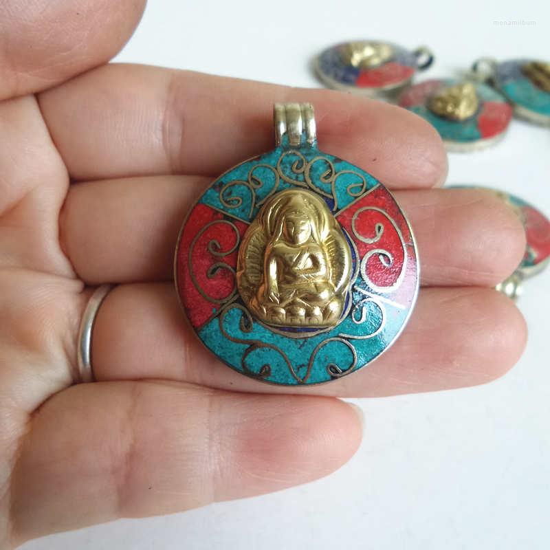 

Pendant Necklaces TBP392 Tibetan Buddha Golden Amulets Nepal Vintage Jewelry Copper Inlaid Colorful Stone Pendants