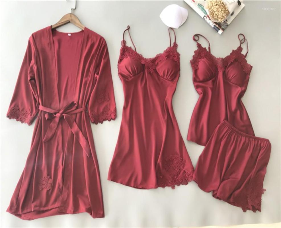 

Women's Sleepwear Pajama Set Women Lace Trim Satin Pyjamas Pour Femme Summer Nightwear With Pants Casual Home Wear Kimono Robe Gown, Pink