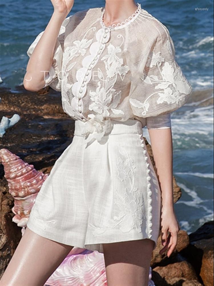 

Women' Tracksuits Woman 2 Piece Set Women Clothing Elegant Solid White Embroidery Lace Half Sleeve Top Shirt High Waist Short 2022 Summer, Beige