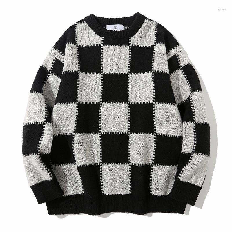 

Men's Sweaters Sweater Men Streetwear Retro Checkerboard Jacquard Hip Hop Autumn Pull Over O-neck Oversize Couple Casual Men's, Black