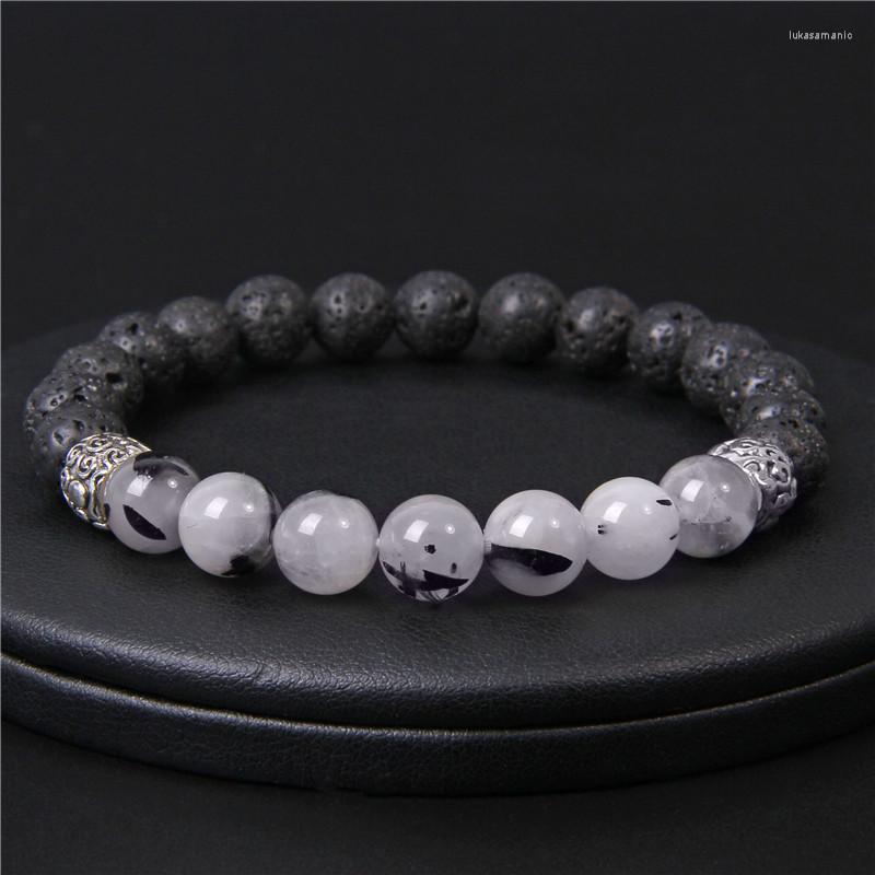 

Strand Natural Stone Lava Volcanic Beads Bracelet 8mm Black Rutilated Quartz Yoga Energy Jewelry For Women Men Gift