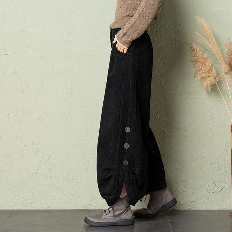 

Women's Pants 2022 Arrival Winter Women Warmth Thicken Ankle-length Casual Loose Cotton Corduroy Button Waist Harem V887, Black