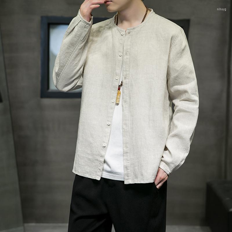

Men's Casual Shirts Chinese Traditional Dress Plus Size Tang Suit Linen Cotton Long Sleeve Shirt Wu Dang Tai Chi Coat Men Clothing, White