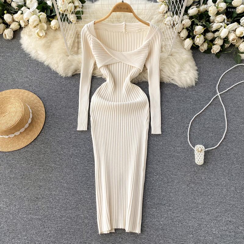 

Casual Dresses 2022 Elegant Knitting Sweaters Office Dress Women Autumn Winter Pullover Sweater Knit Ladies Korean Style Fashion, Beige