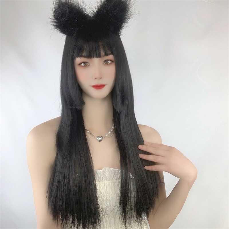 

Hair Lace Wigs Two Dimensional Wig Female Princ ita Cut Three Kniv Qi Bangs Long Straight Ji Fake Hair Head Cover, Black