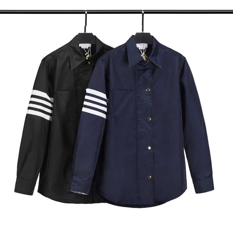 

Tb Browiin Men Jacket Striped Turn Down Collar Windproof Women Coat Sport Outerwear Autumn Winter Clothing Casual Korean Design, Black