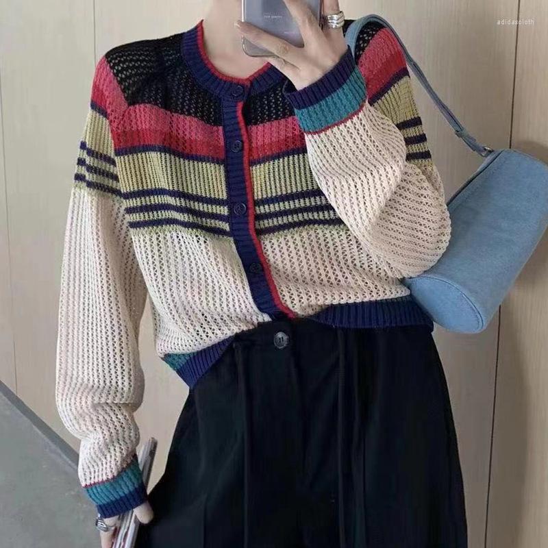 

Women's Knits Designer Fashion Hollow Striped Knitted Women Sweater Coat 2022 Autumn Casual Contrast Color Single-Breasted O-Neck Cardigan, Sky blue