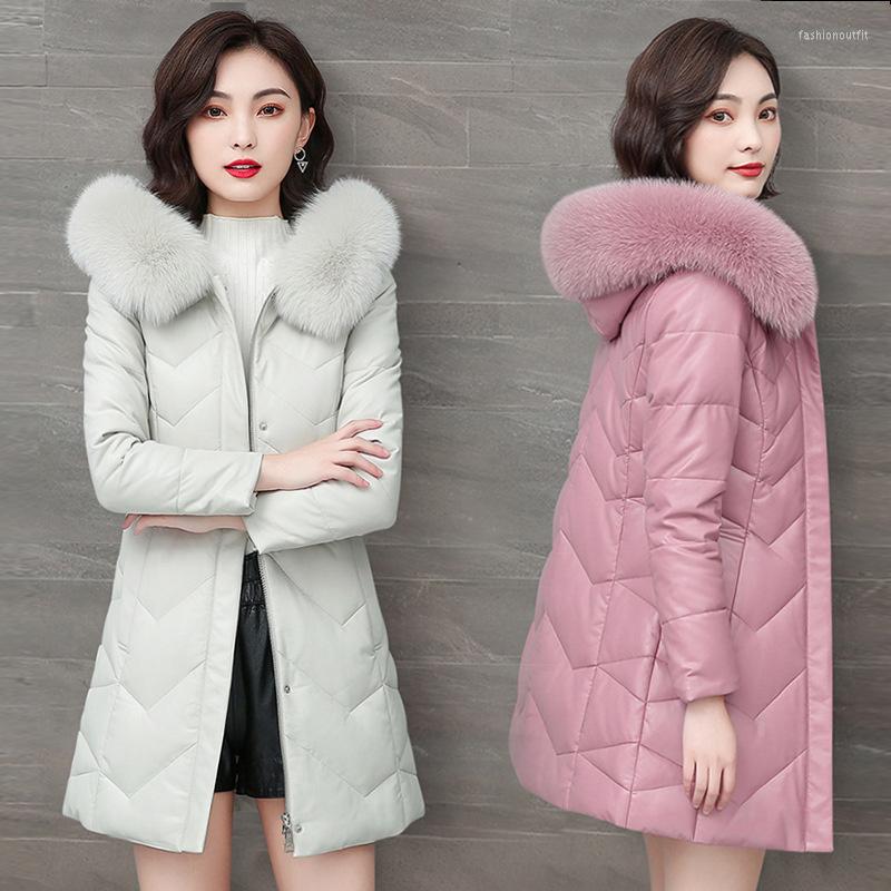 

Women's Leather Genuine Real Haining Sheepskin Down Women's Medium Long Size Hooded Fur Collar Jacket Autumn Winter Lean, Q210 gray white