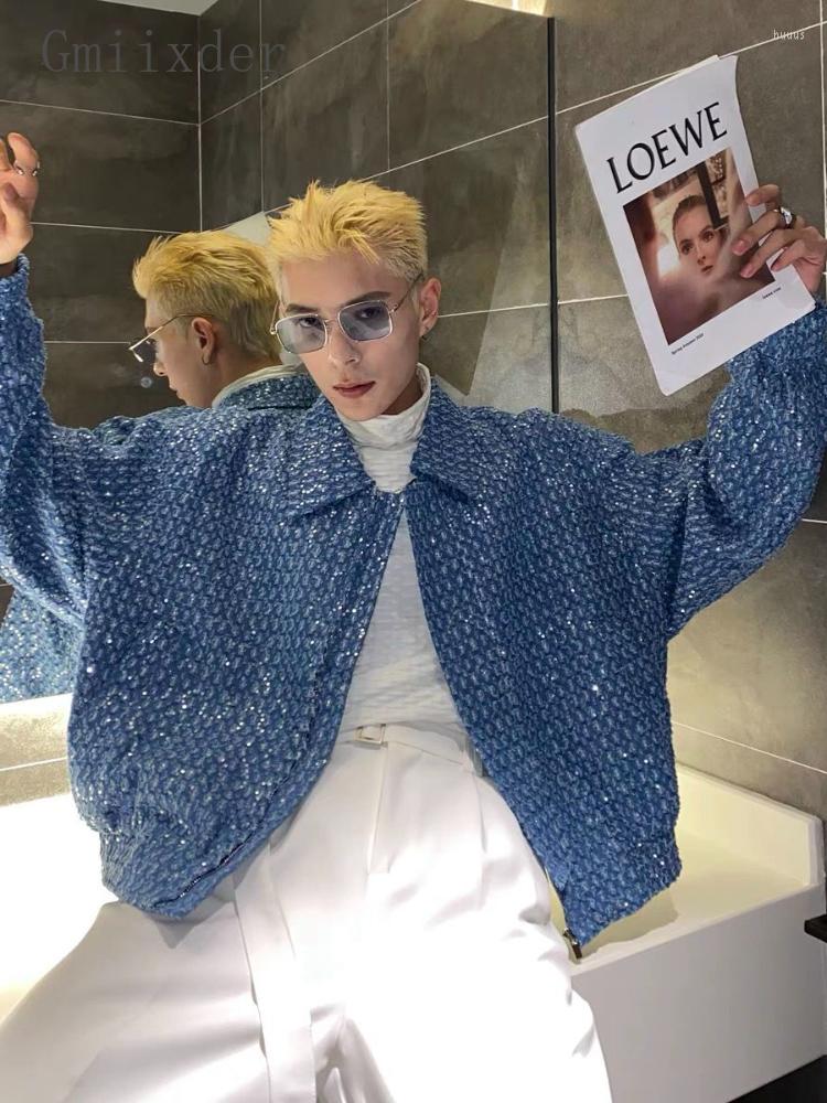 

Men's Jackets Gmiixder Blue Short Jacket Autumn Handsome Sequin Design Turndown Collar Top Men High Street Nightclub Lover Zip-up Lapel Coat