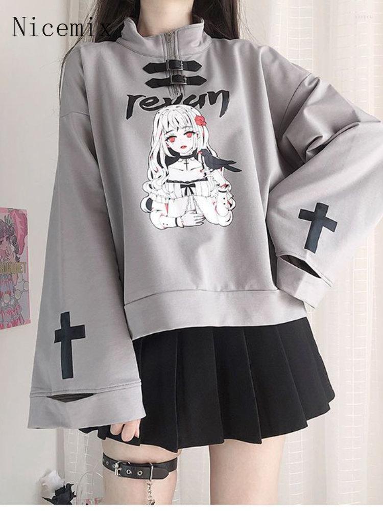 

Women' Hoodies Leather Buckle Zipper Sweatshirt Anime Print Dark Top Japan Kawaii Girl Oversize Half High Collar Tops Vibe Gothic, Gray