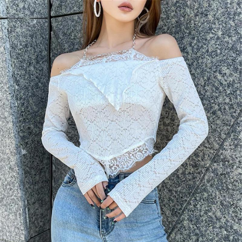 

Women' T Shirts Women Chain Halter Off Shoulder T-shirt Fashion Solid Color Long Sleeve Lace Patchwork Slim Fit Exposed Navel Tops High, White