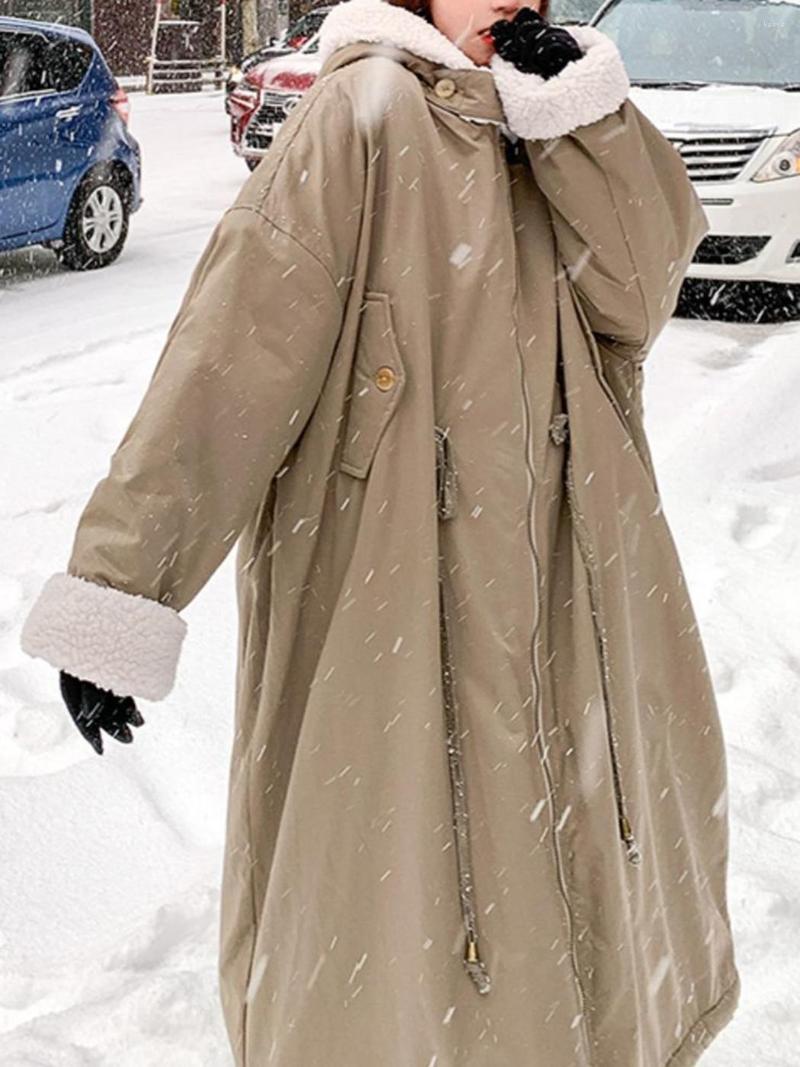 

Women' Down 2022 Winter Loose Long Parkas Coat Women Retro Solid Hooded Jackets Outdoor Warm Thickened Lambswool Cotton Jacket Female, Black