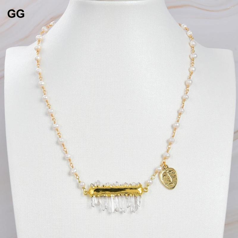 

Pendant Necklaces GuaiGuai Jewelry Cultured White Rosary Pearl Necklace Clear Quartz Druzy Bar 18"