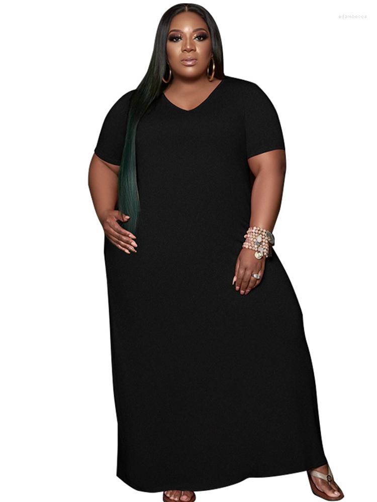

Plus Size Dresses 5XL T Shirt Dress Women V Neck Short Sleeve Robes Summer Solid Loose Fashion Casual Oversize Long Vestidos, Black
