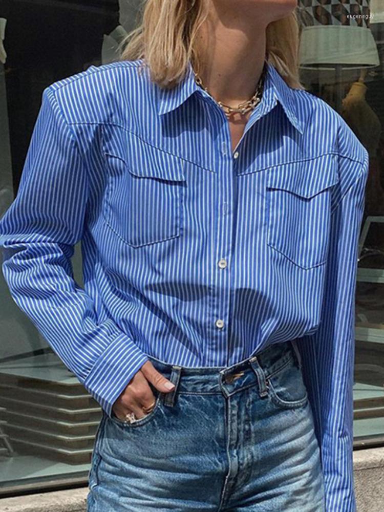 

Women' Blouses Fashion Single Breasted Blue Striped Shoulder Padded Shirts Women 2022 Casual Loose Long Sleeve Commuter Ladies Official, Beige