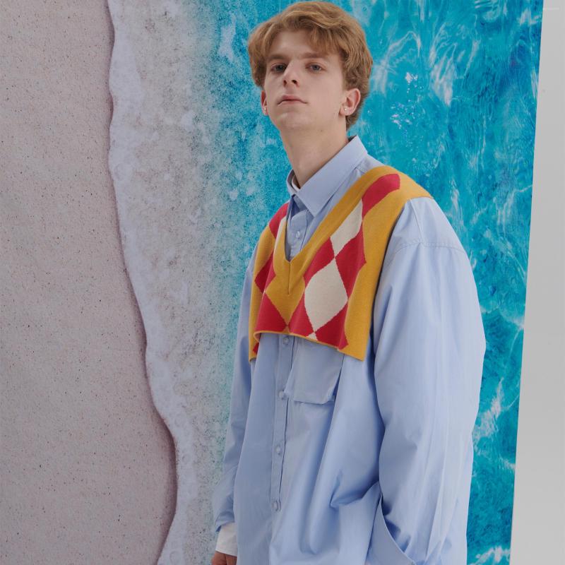 

Men' Casual Shirts EAFINETAL. 21AW Plaid Knitted Vest Splicing Fake Two Piece Design Retro Loose Shirt Fashion Street Wear, Blue