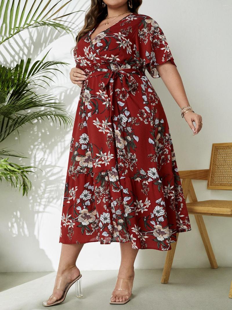 

Plus Size Dresses Allover Floral Print Butterfly Sleeve Belted Dress O Neck Hollow Short Female Elegant A Line Party, Picture shown