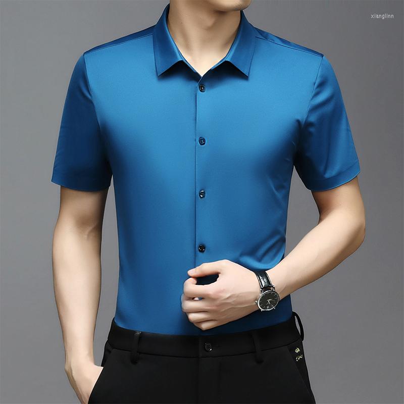 

Men's Casual Shirts Claret Smooth Satin Work Mens Blue Dress Big Size Silk Social Classic High Quality Husband Office Wear, Black