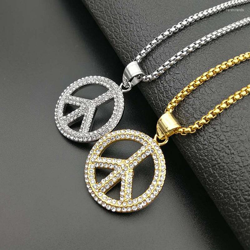 

Pendant Necklaces Hip Hop Rhinestones Pave Bling Iced Out Gold Silver Color Stainless Steel Peace Sign Pendnats Necklace For Men Rapper
