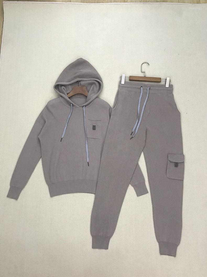 

Women' Two Piece Pants Women Set Solid Color Hoodies Or Elastic Waist Trousers Lady Threaded Hand Beading Hooded Long Sleeve Sweatshirt