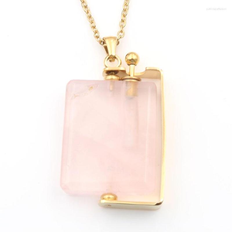

Pendant Necklaces FYJS Unique Jewelry Stainless Steel Natural Rose Pink Quartz Perfume Bottle Rectangle Shape Gold Color Necklace