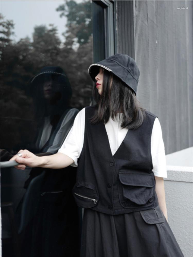 

Women' Vests Ladies Fashion Casual Vest Spring And Autumn Solid Color V-Collar Splicing Pocket Zipper Design Director Standard, Black