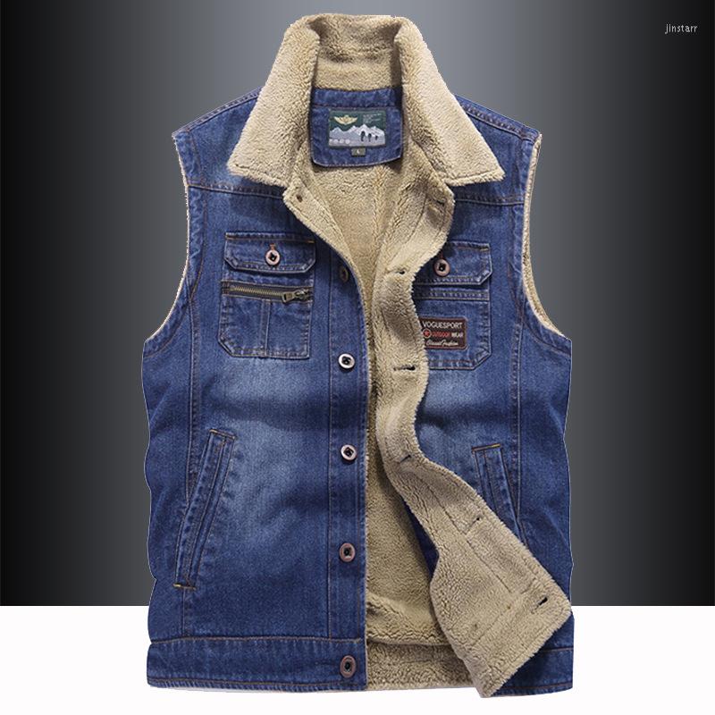 

Men's Vests 2022 Denim Waistcoat Men's Autumn And Winter Plush Thickened Vest Casual Multi Pocket Work Clothes Lapel, Denim blue