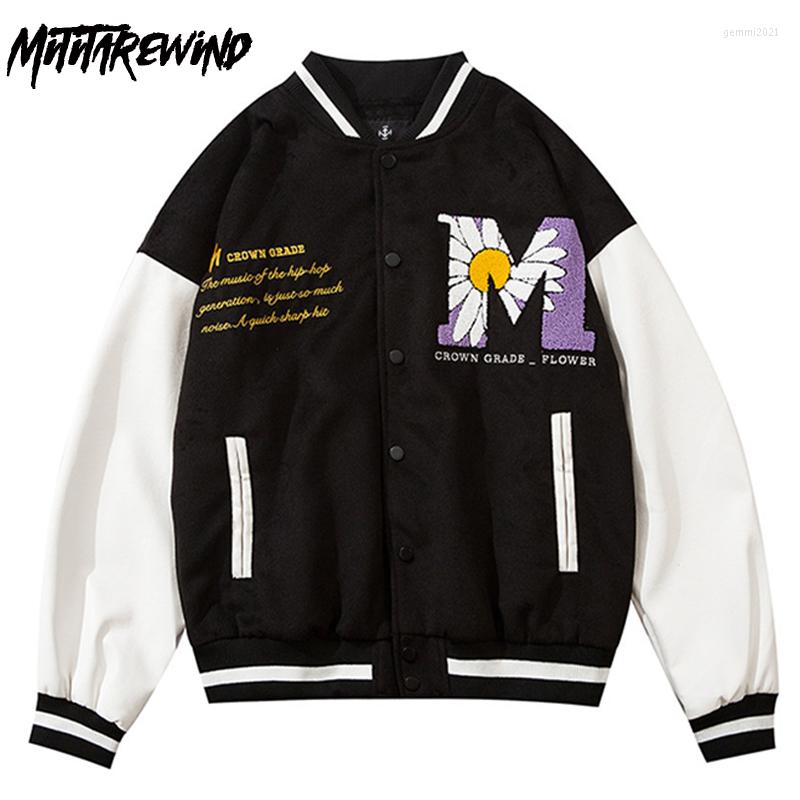 

Men's Jackets Hip Hop Baseball Jacket Men Vintage Patchwork Letter Daisy Flowers Patch Leather Bomber Oversized Streetwear Coats, Black