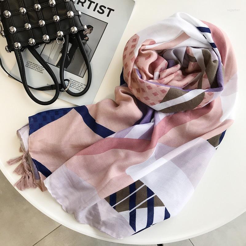

Scarves 2022 Fashion Geometry Print Tassel And Shawl WomenCoton Voile Rhombus Scarf Wrap Hijab Muffler