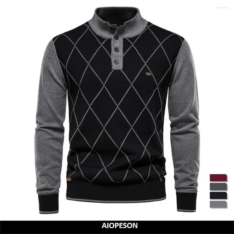 

Men's Sweaters Argyle Men's Sweater Patchwork Stand Collar Button Long Sleeve Male Pullover Winter Fashion Knitted For Men, Black